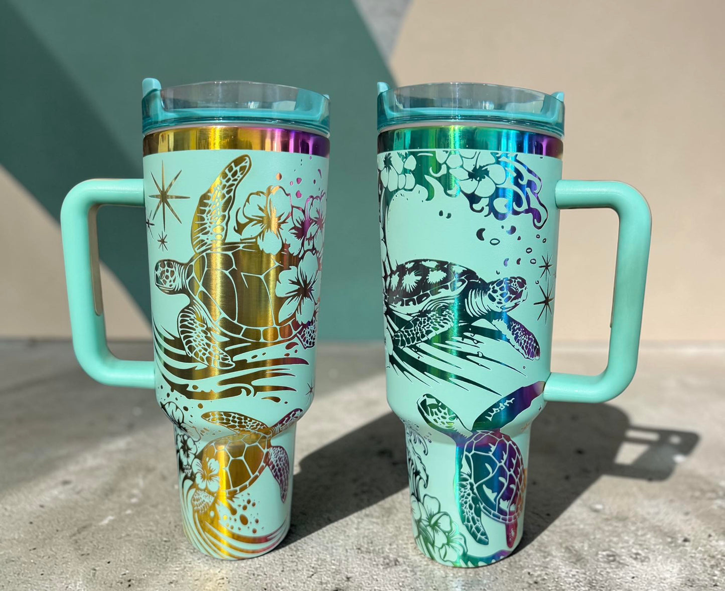 40 oz Teal/Rainbow Turtle