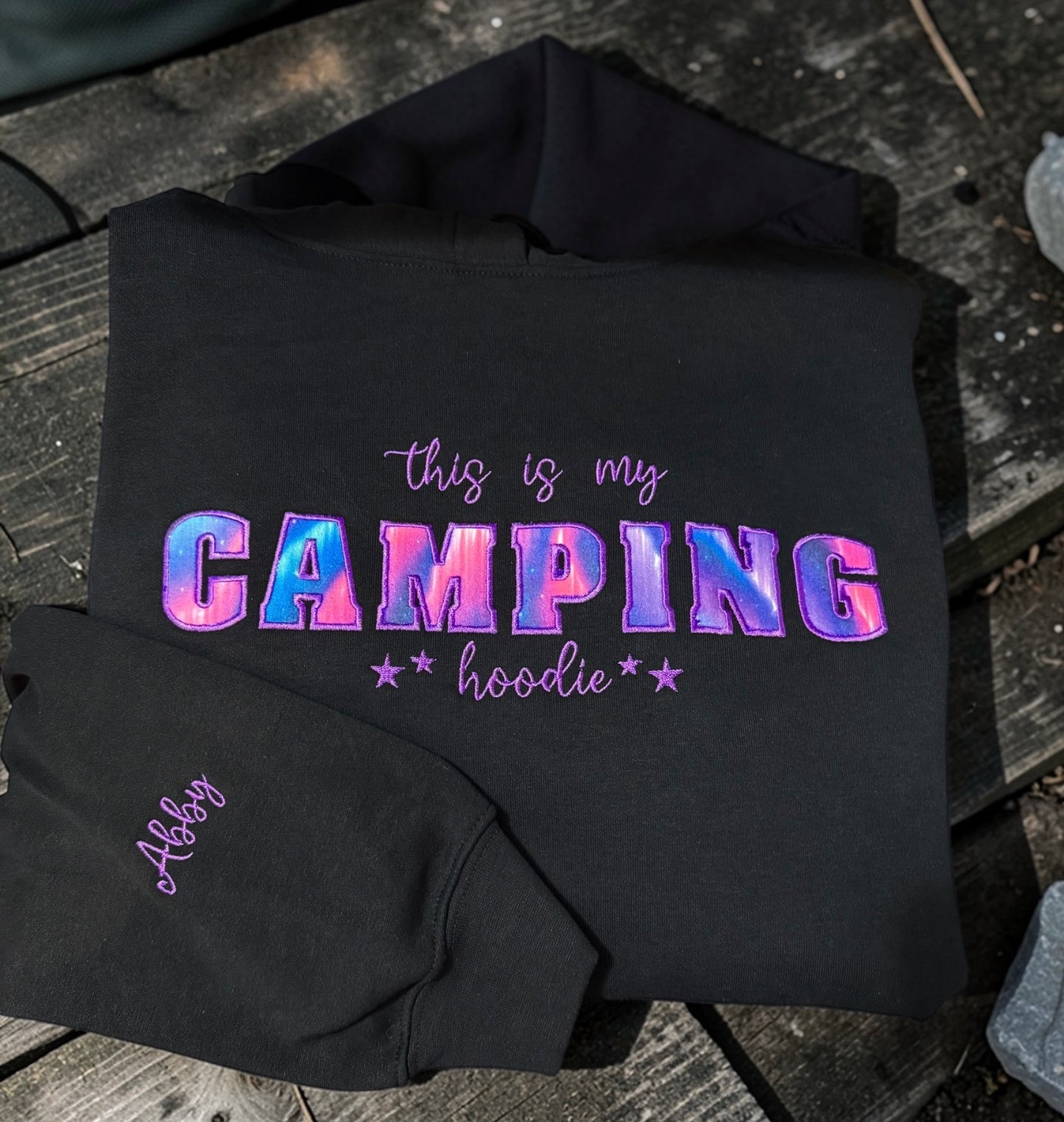 Camping Hoodie with Sleeve Name